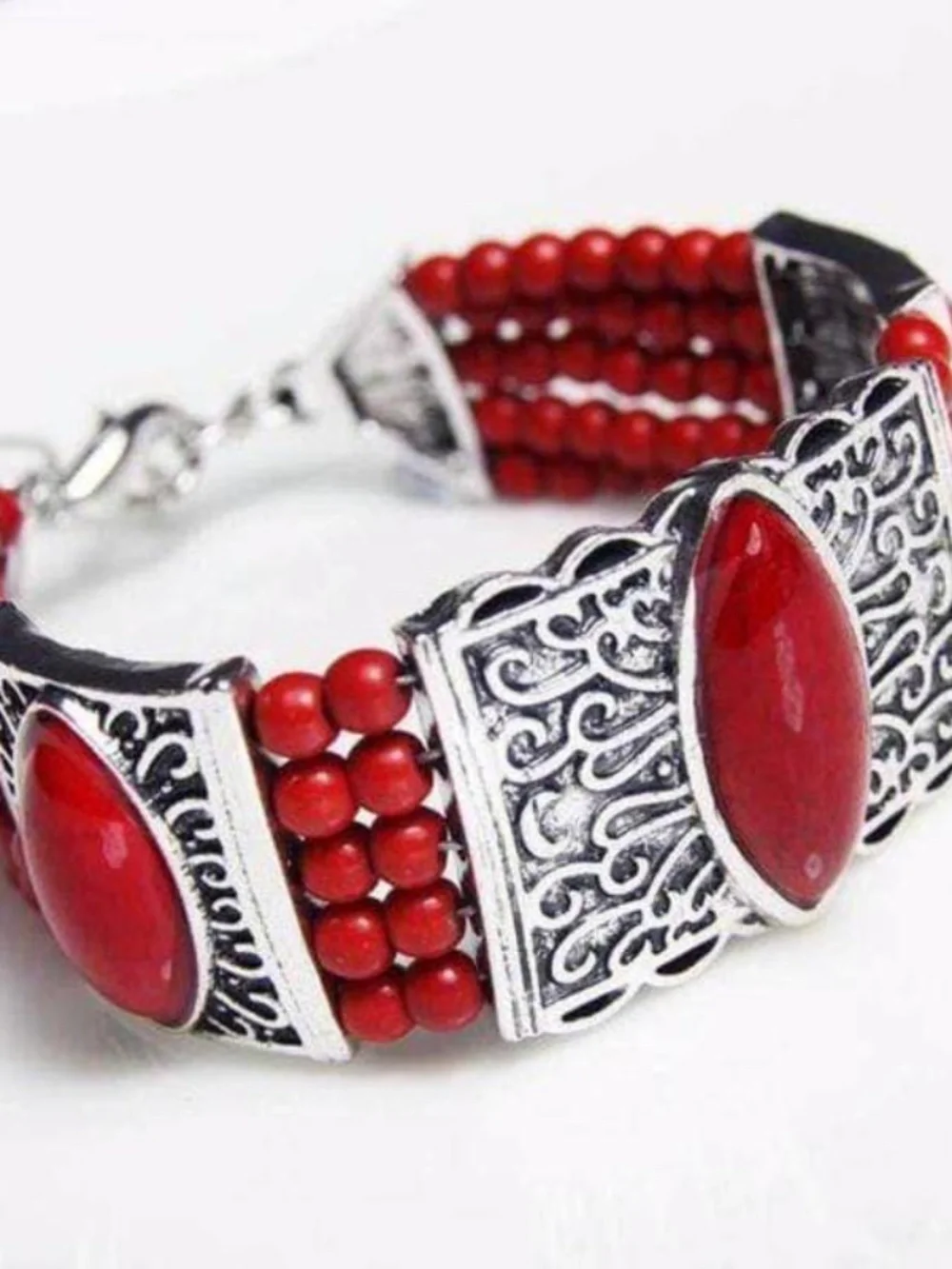 Womens Silver Red‎ Beaded Multi-Strand Beaded Bracelet